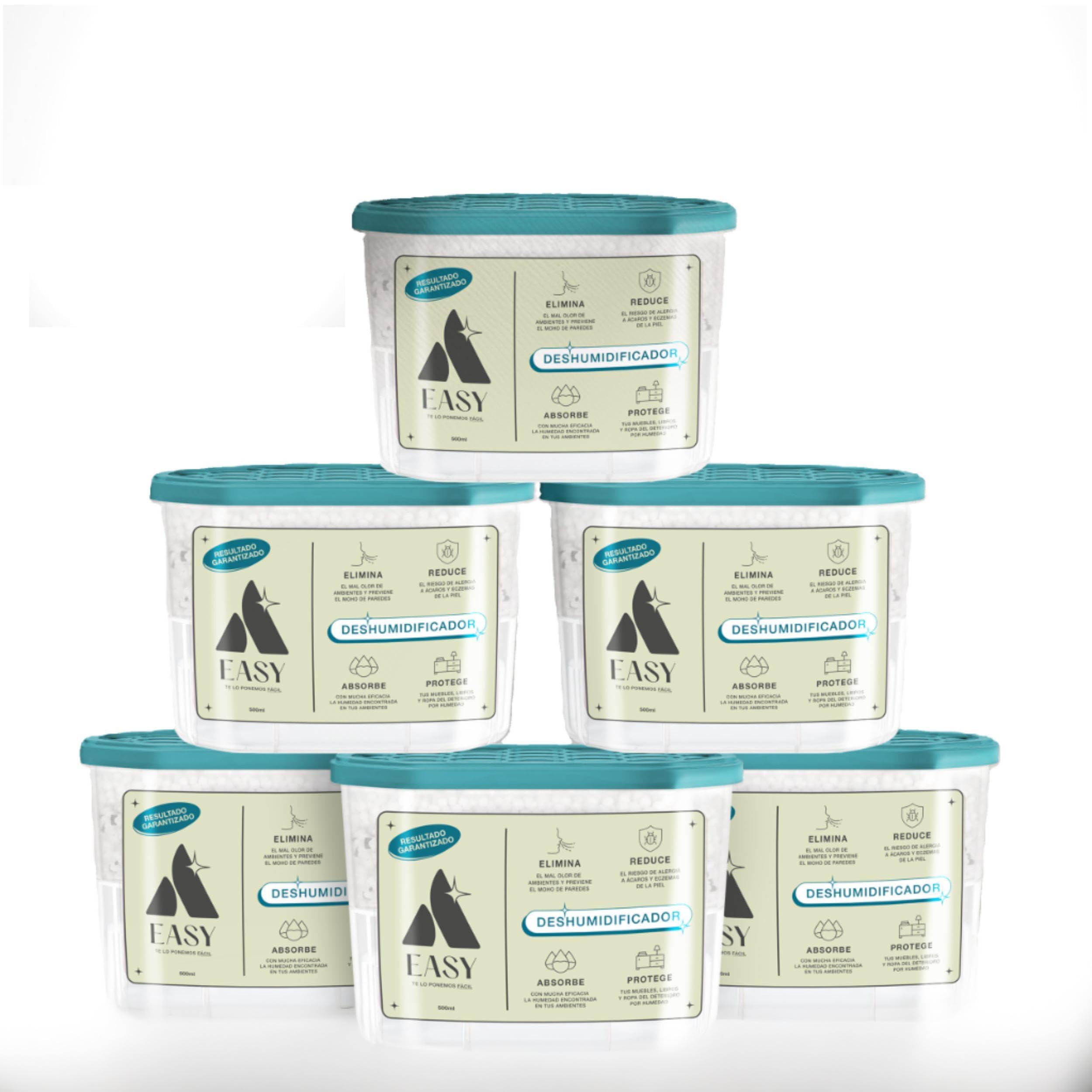 Easy 6 Pack de 500 ml y muy sencillo de usar. Absorbente Antihumedad para Hogar, Armarios, Habitaciones, Cajones, Paredes y Coche. Elimina Olores y Previene la Condensación