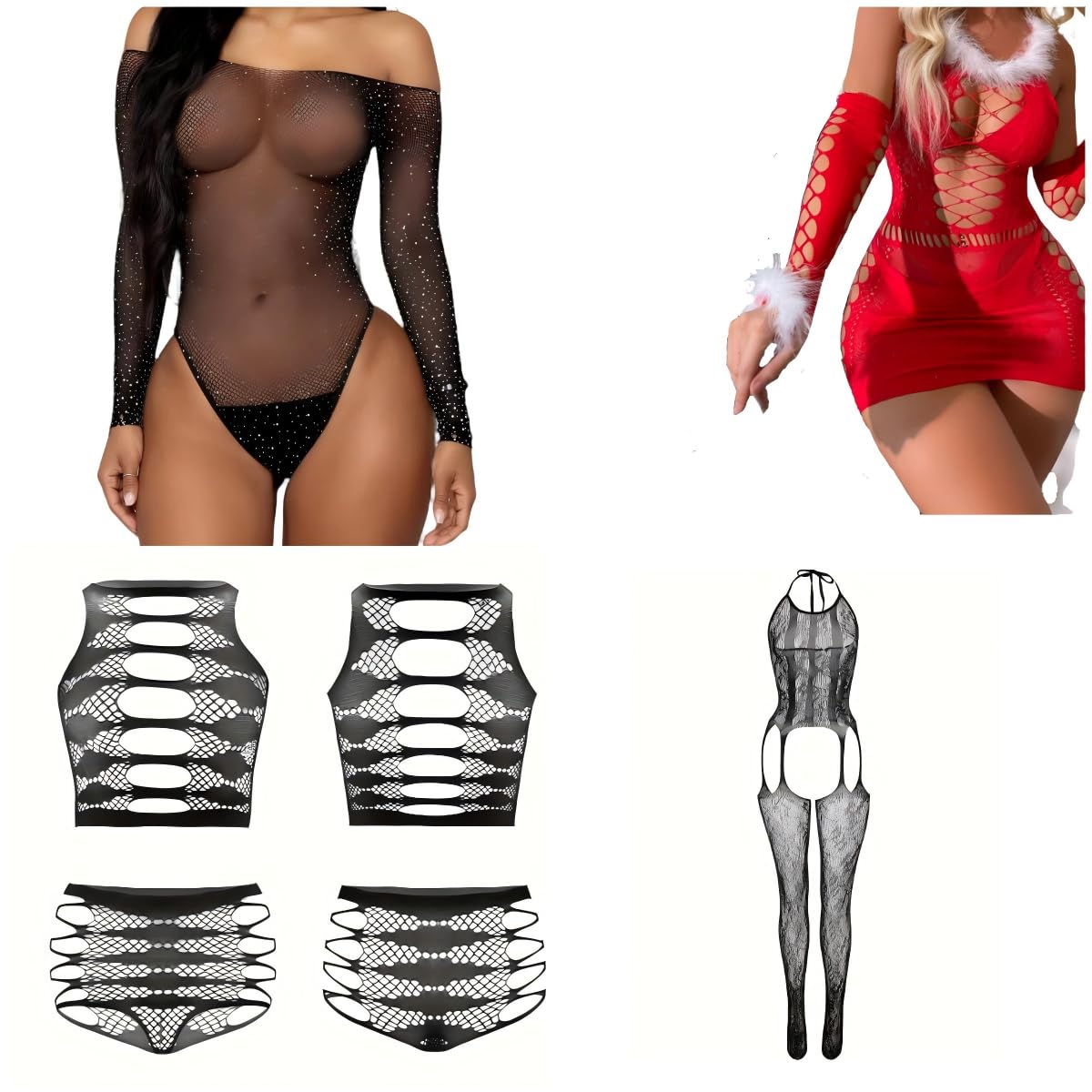 Twinice Women's Black 4 - Piece Set Of Sexy Fishnet Lingerie For Fishnet Bodysuit Lace Bodysuits Sexy Babydoll Nightwear