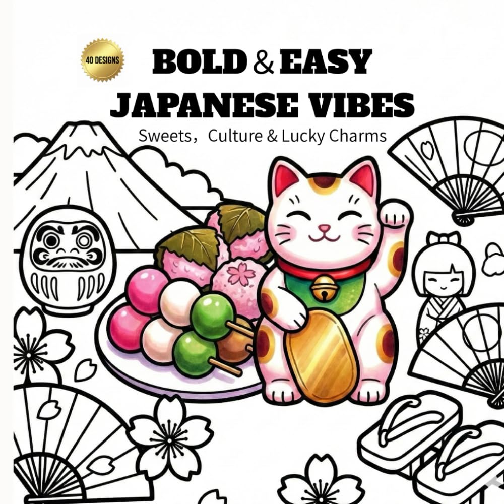 BOLD & EASY JAPANESE VIBES: Sweets, Culture & Lucky Charms: Simple, Large Designs for Relaxation and Stress Relief for Adults