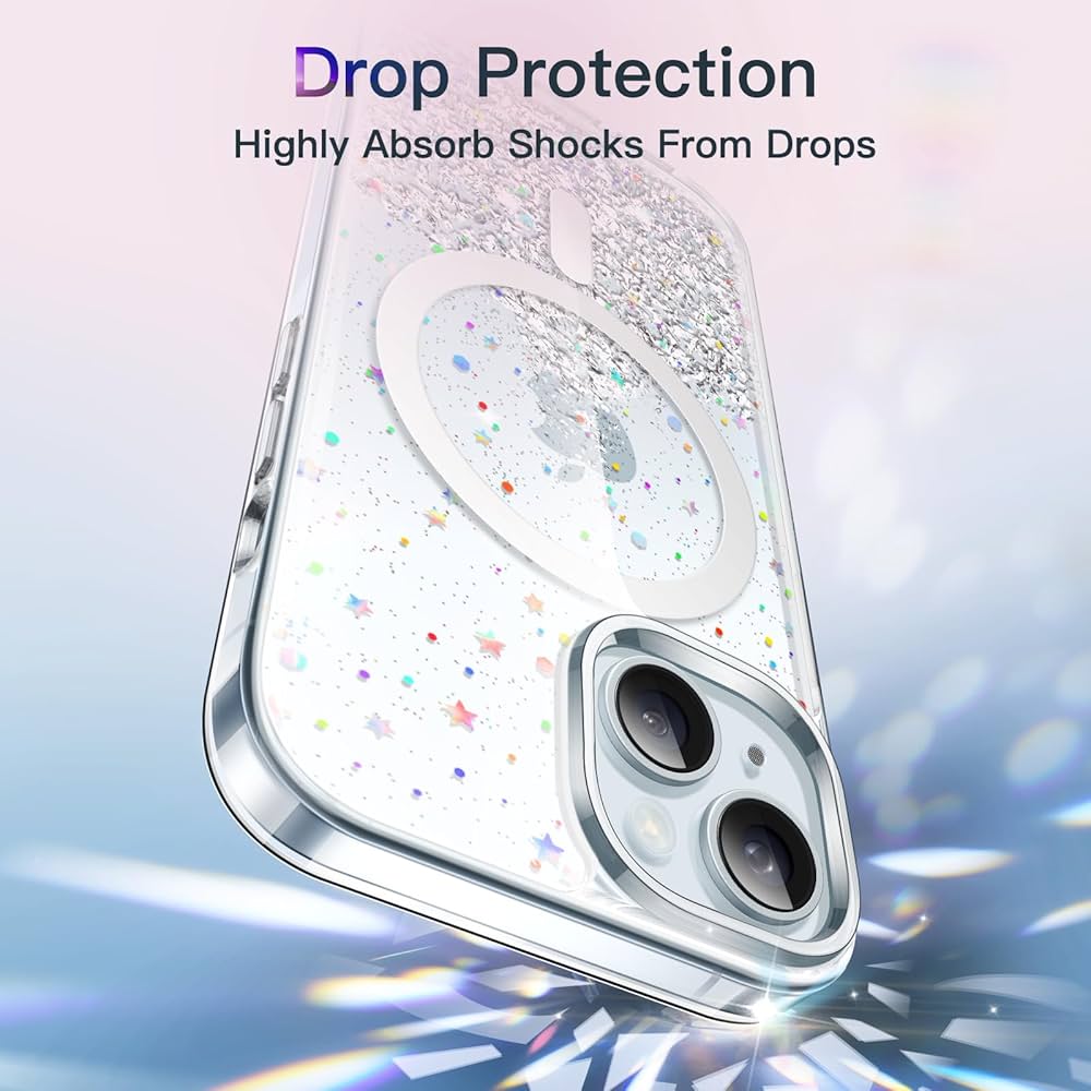 JETech Custodia Glitter Per IPhone 15 Plus 6,7'' Con MagSafe, Trasparente Con Glitter Fissi, Antiurto