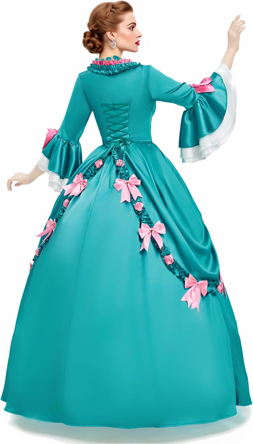 Medieval Dress Pompadour Dress Green Satin Rococo Vintage Dress with Pink Bow Decorations - Image 3