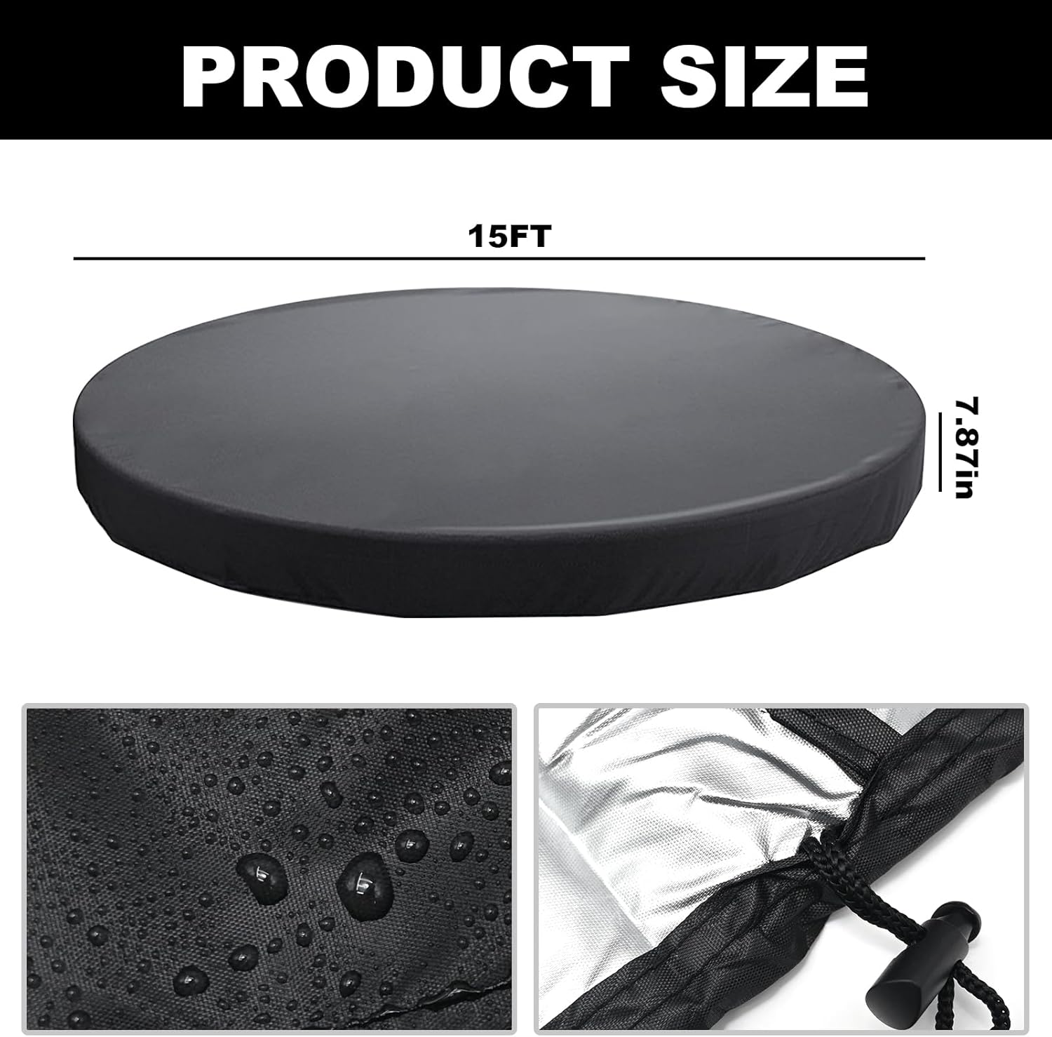 8Ft Includes Ground Spikes 4pcs + Rope 4pcs Above Ground Pool Solar Cover 420D Round Black Pool Cover, Summer Pool Cover Protector with Pool Cover Accessories (8Ft+8Pcs(Ground Spikes+Rope))