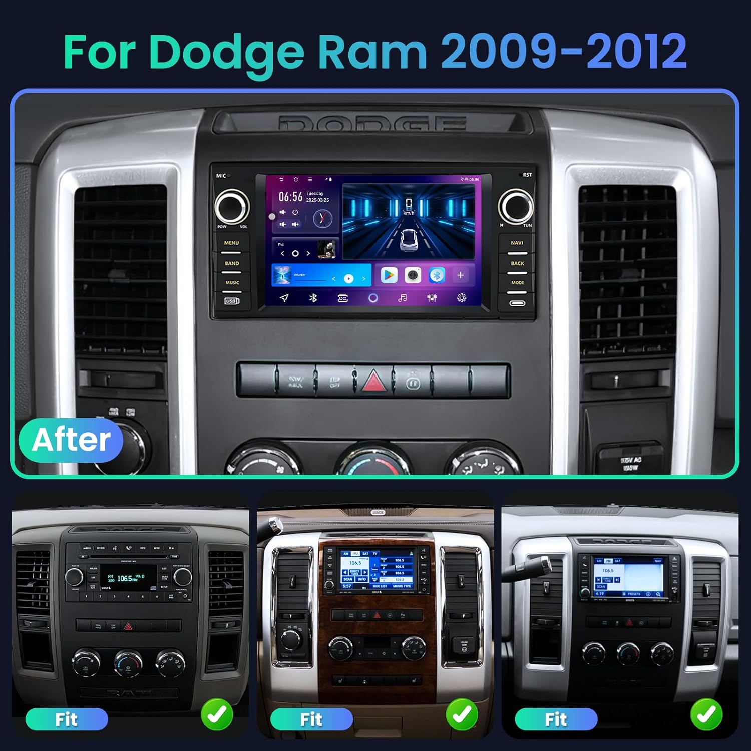 4Core+64G ROM Upgrade Car Radio Stereo for Dodge Ram 1500 2500 3500 2009-2012: 7 inch 1280 * 800 Touch Split Screen with Wireless Carplay Andriod Auto 5G WiFi Bluetooth Backup Camera GPS FM SWC