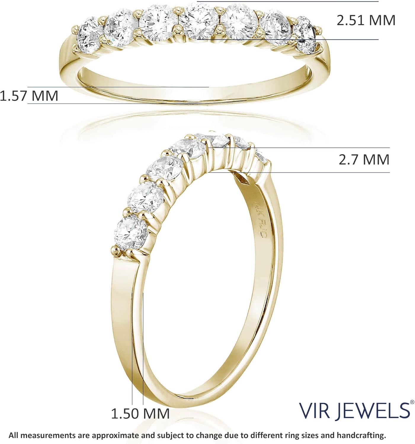 VIR JEWELS 1/2 cttw Diamond Wedding Band for Women, Certified SI1-SI2 Diamond Wedding Band in 14K Yellow Gold 7 Stones, Size 4.5-10 - Image 4