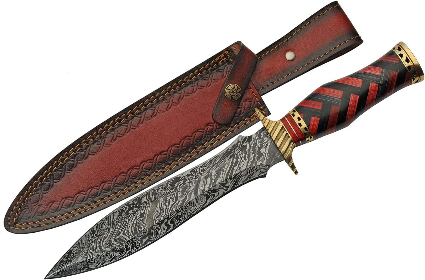 SANZ Damascus Hunting Knife 15 Inch - Red/Black Camping Knife with Braided Handle, Full Tang Blade & Sheath - Outdoor Knife for Hunting, Camping & Outdoor uses