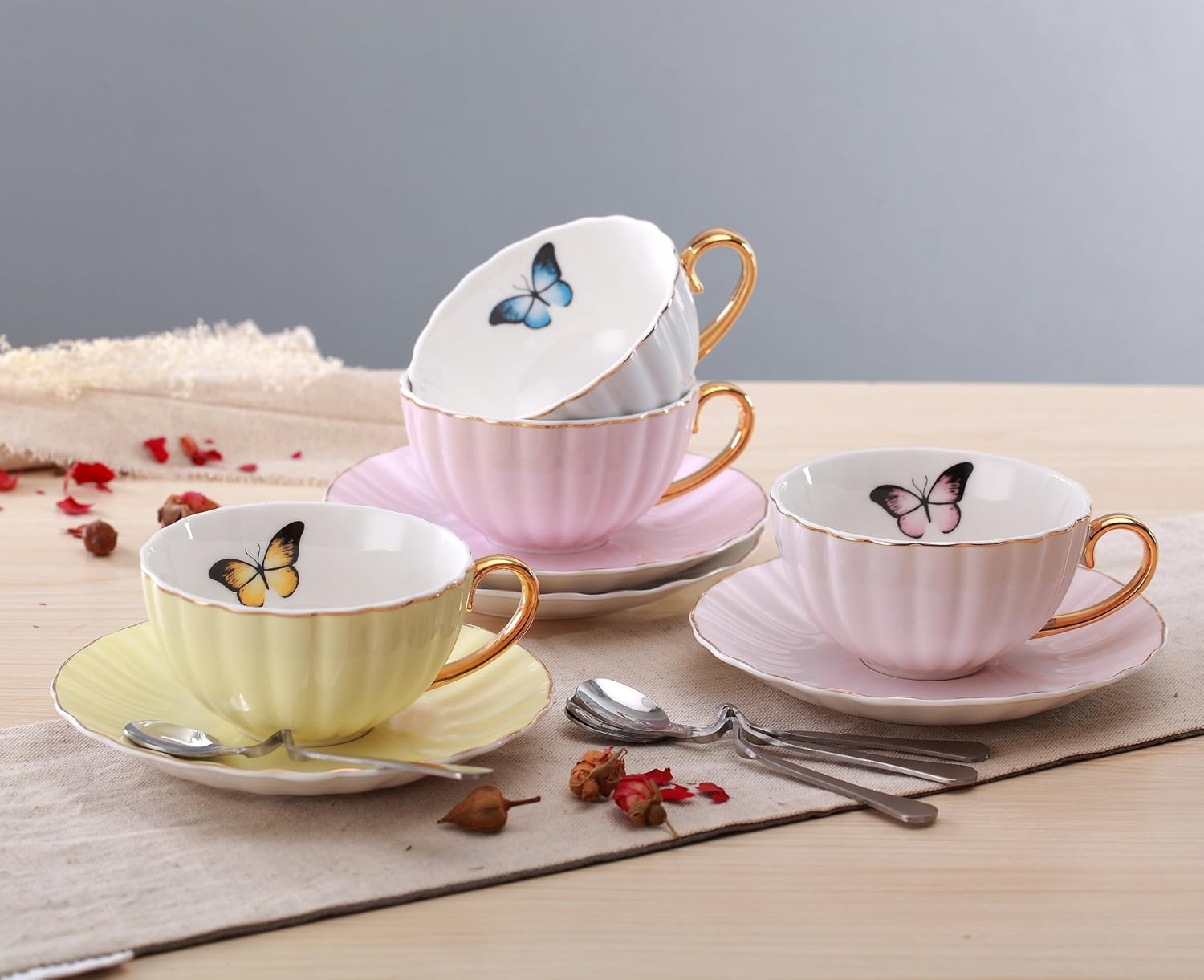 Jusalpha® Elegant Tea Cup and Saucer Set-Coffee Cup Set with Saucer and Spoon FD-TCS03-4COLOR