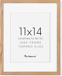 11x14 Picture Frame, Solid Oak Wood Picture Frames, 11 x 14 Wooden Photo Frame for Wall Decor, Tempered Glass, 11x14 Frame Matted to 8x10