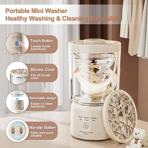 Portable Mini Washing Machine, Underwear Washing Machine Small Clothes Washer Makeup Brush Cleaner Machine Underwear Washer for Home, Hotel, RV, Travel & Camping(Khaki) - 2