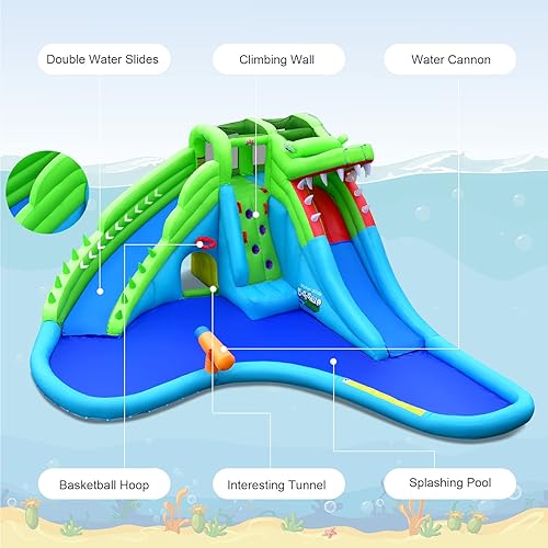Miniatura 8 de BOUNTECH Tobogán acuático inflable para niños, parque acuático 7 en 1 de cocodrilo poderoso con piscina de salpicaduras, escalada, cañón de agua y