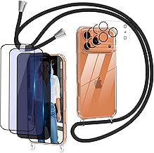 iPhone 17 Pro Max Case with Rope, 3 Screen Protector [HD+Privacy+Blue Light] [3 Camera Lens Protector] Anti-Shock Anti-Scratch Silicone Case with Adjustable Strap Case