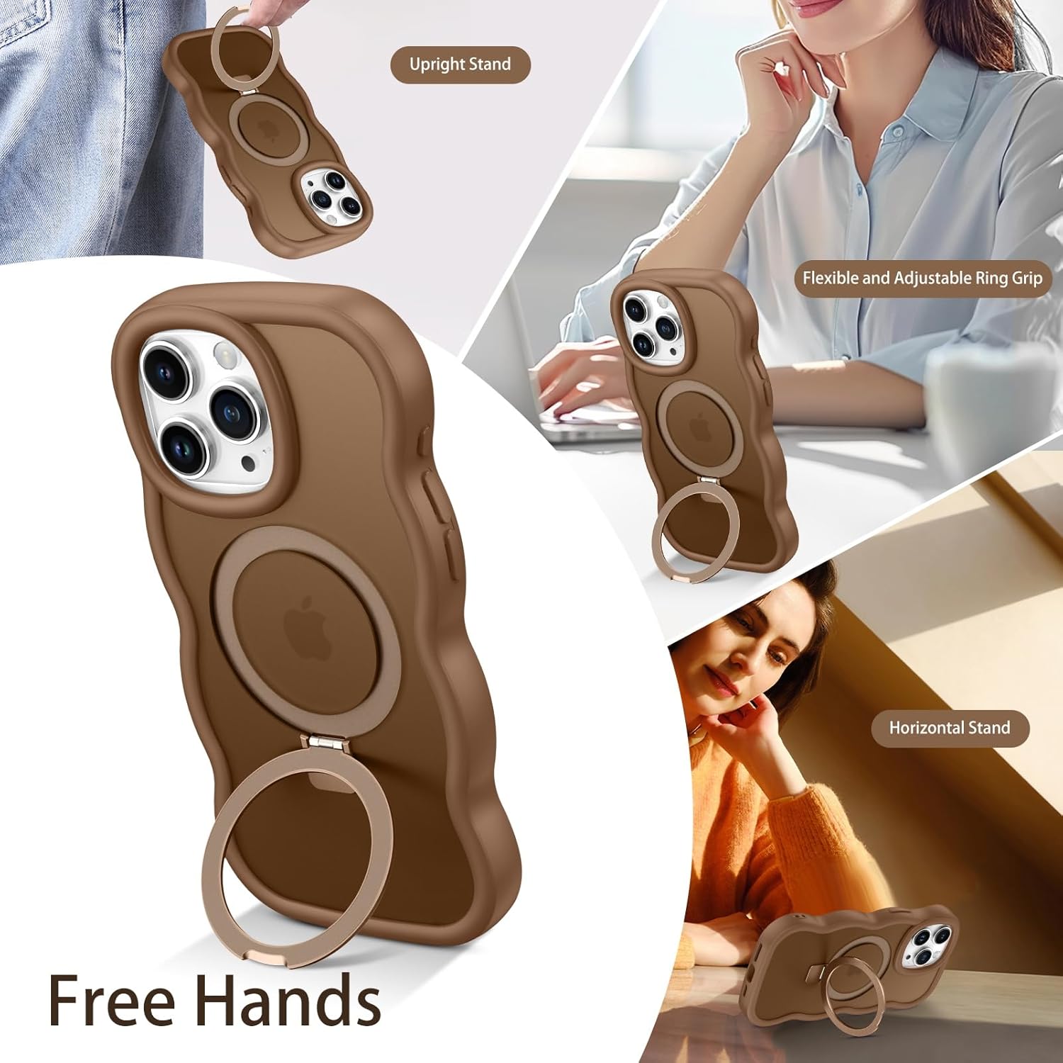 DUEDUE for iPhone 15 Pro Max case with Magnetic Stand, Curly Wavy Frame Hard Translucent Matte Cover Protective Slim Kickstand Phone Case for iPhone 15 Pro Max 6.7", Desert Gold - Image 3