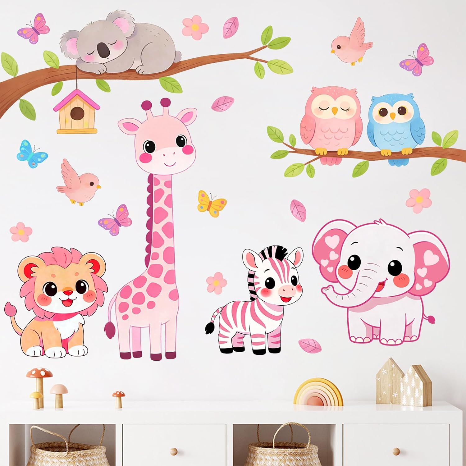 Mfault Pink Safari Jungle Animals Wall Decals Stickers, Cute Koala Lion Elephant Zebra Giraffe Owl Nursery Decorations Girls Bedroom Art, Birds Butterfly Floral Baby Toddler Kids Room Playroom Decor