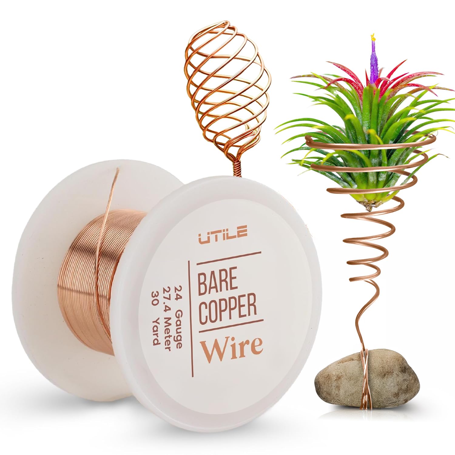UTILE 24 Gauge Bare Copper Wire for Plants, 30 Yards - Pure Copper Electroculture Wire -Copper for Gardening, Jewelry Making, Craft Beading, 0.5 mm, 27.4m Wire Spool