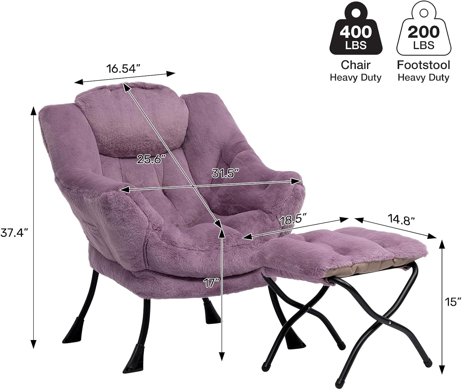 HollyHOME Lazy Chair with Foldable Ottoman, Accent Comfy Lounge Armchair and Folding Footrest Stool, Leisure Sofa Reading Chair and Footstool for Living Room, Bedroom, Dorm,Faux Fur Purple image 3