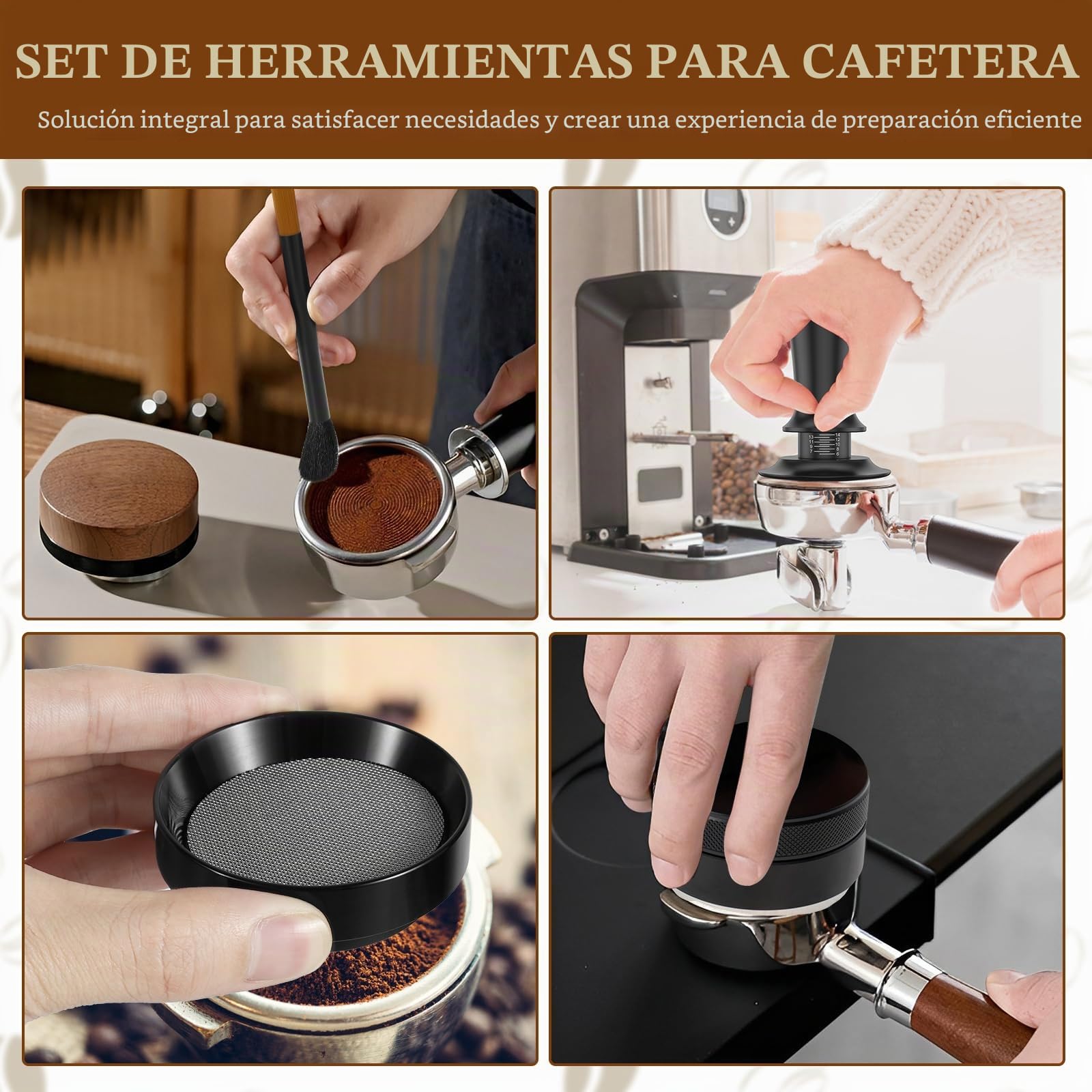 Juego de prenso, 51 mm, con aguja de espresso, prensador de café con distribuidor, anillo dosificador de 51 mm, agujas para agitador de café, pantalla de puck, estación de tamper, cepillo de
