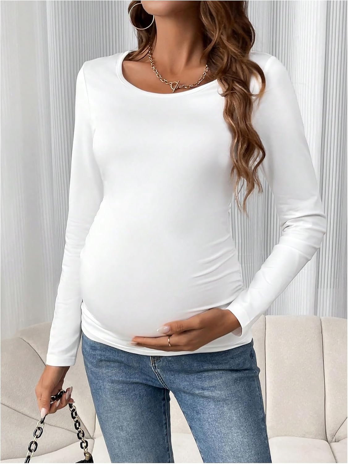 SOLY HUX Women's Maternity T Shirts Ruched Long Sleeve Crew Neck Pregnancy Tops Fitted Dressy Casual Basic Tees