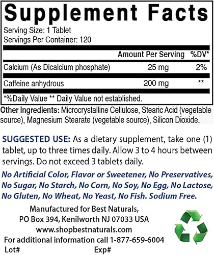 Miniatura 9 de Best Naturals Píldoras de cafeína de 200 mg, 120 unidades