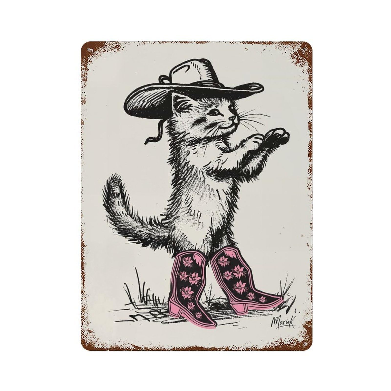 Cowgirl Boot Kitten Cat 15.7"x11.8" Rustic Tin Plaque, Retro Wall Decor for Garage, Bar And Workshop Decor