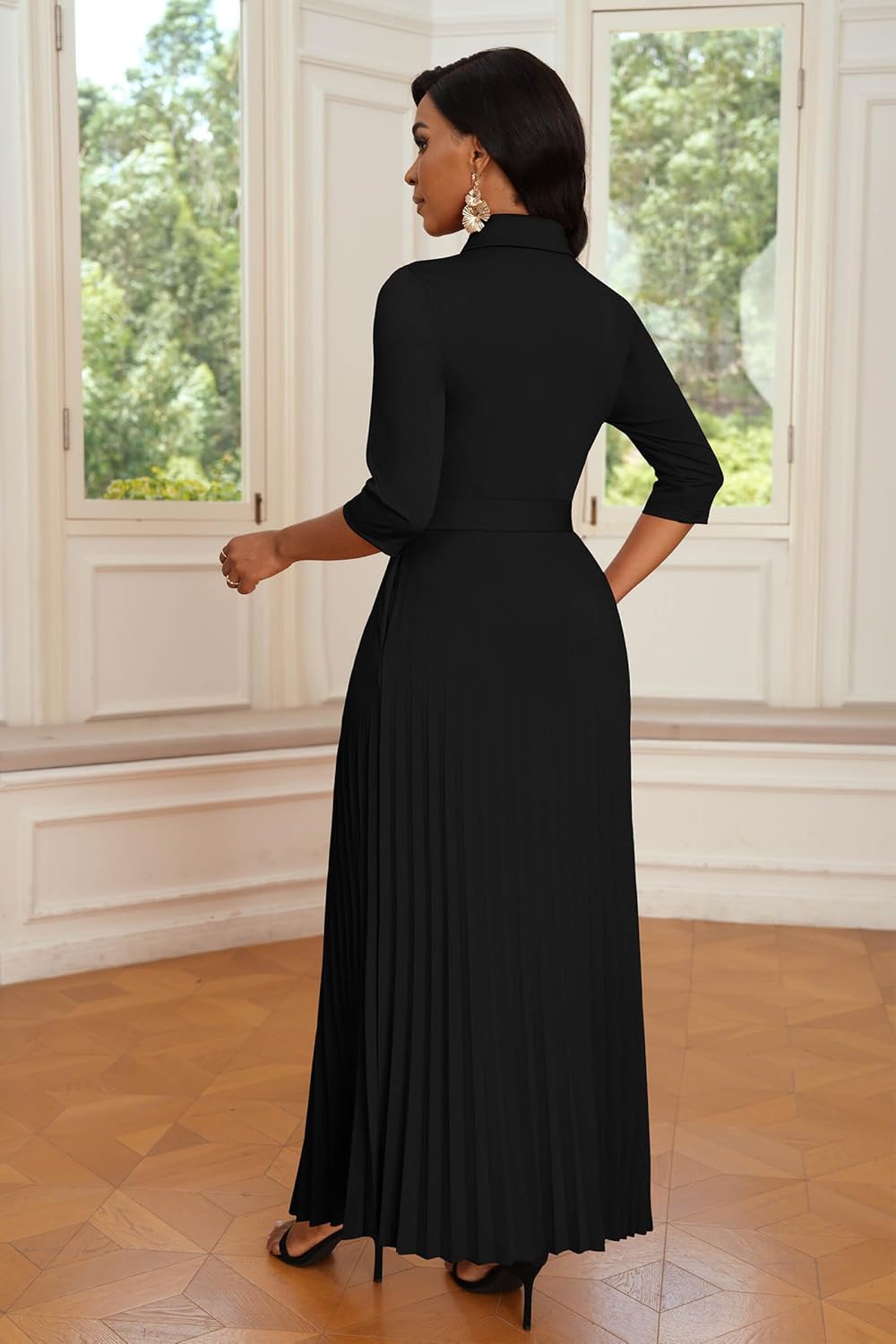 Runwind Maxi Dresses for Women, 3/4 Sleeve Botton Down Pleated Long Dress with Belt Casual Church Dress with Pockets - Image 5