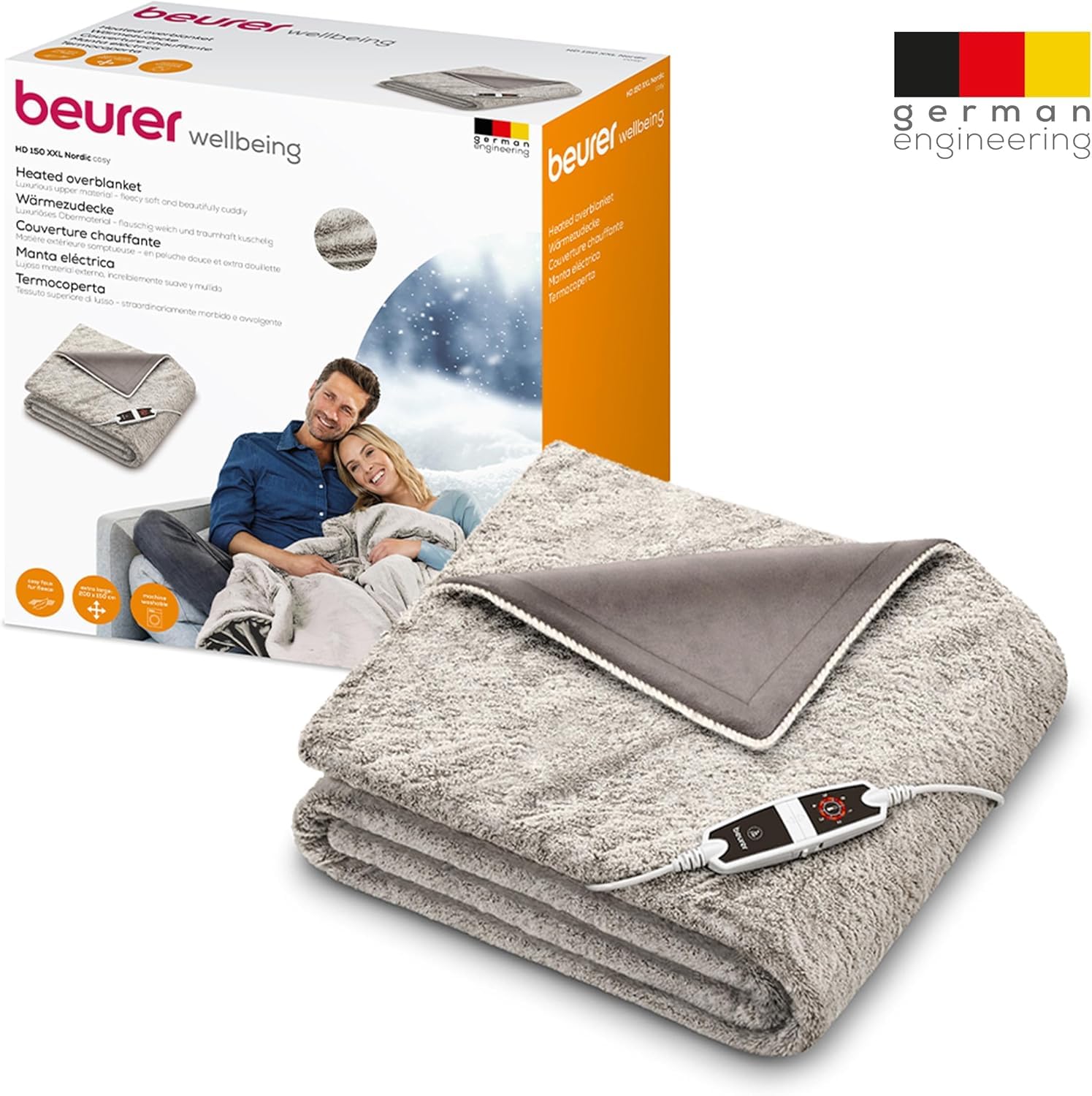 Beurer HD 150 XXL Nordic couverture chauffante électrique avec arrêt automatique, 200 x 150 cm, 6 réglages de température, lavable en machine, couverture confortable en apparence de fourrure