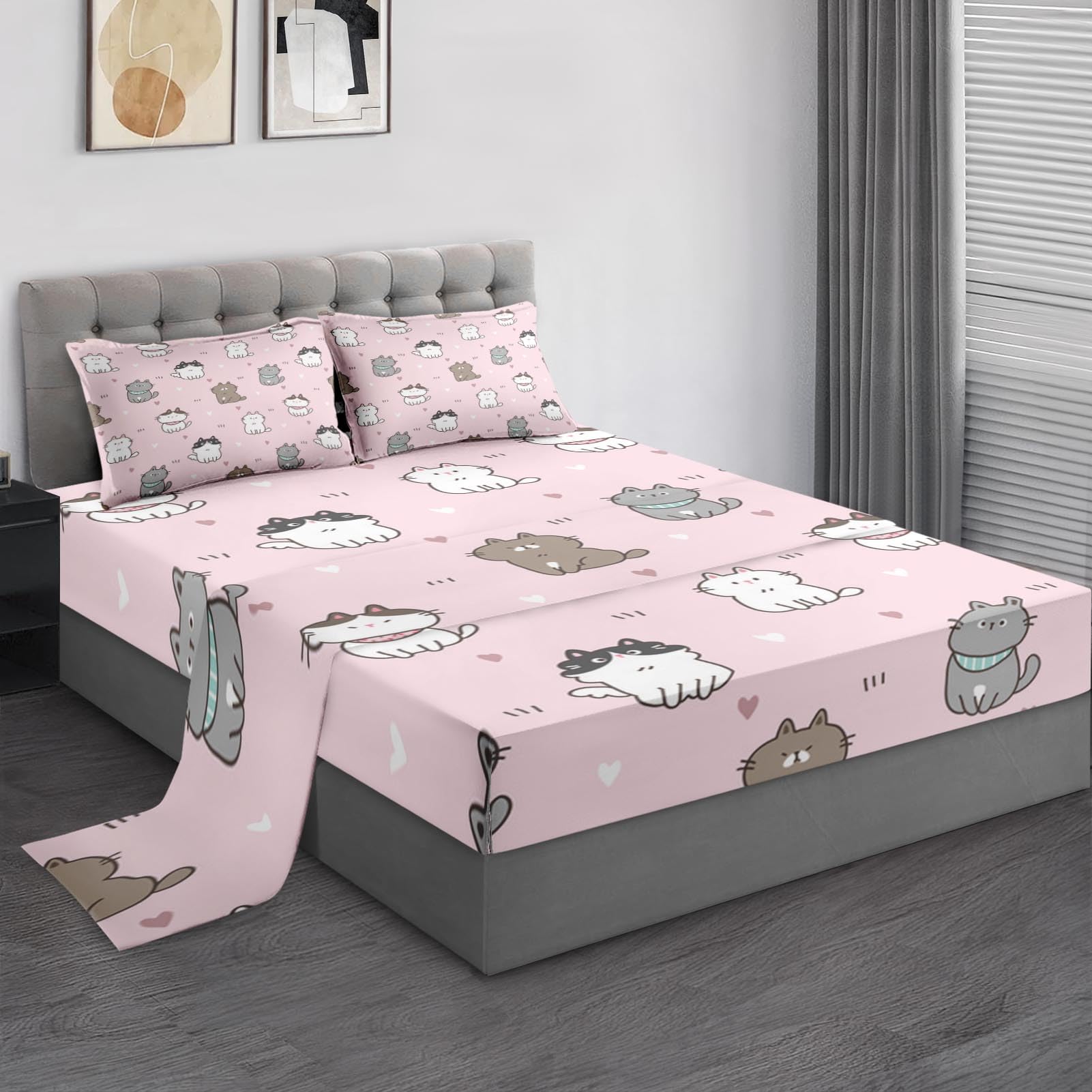 Pamnest Full Size Bed Sheet Sets, Cute Cartoon Cat Soft Microfiber 4 Pcs Bedding Sets for Kids and Adults Bedroom Bed Decor, Pink Heart Love Flat, Fitted Sheet and 2 Pillowcases