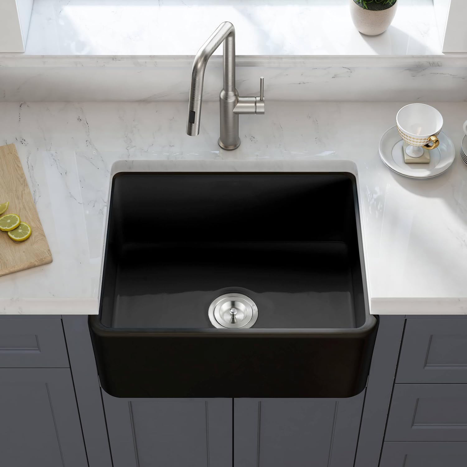 KIBI Pure 24-Inch Fireclay Farmhouse Kitchen Sink, Single Bowl Apron Front Design | Heat-Resistant Glazing | Durable Scratch-Resistant Finish with Bottom Grid and Strainer (Matte Black, K2-SF24MB)