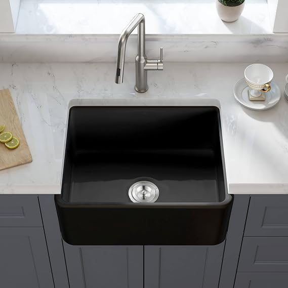 KIBI Pure 24-Inch Fireclay Farmhouse Kitchen Sink, Single Bowl Apron Front Design | Heat-Resistant Glazing | Durable Scratch-Resistant Finish with Bottom Grid and Strainer (Matte Black, K2-SF24MB)