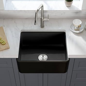 KIBI Pure 24-Inch Fireclay Farmhouse Kitchen Sink, Single Bowl Apron Front Design | Heat-Resistant Glazing | Durable Scratch-Resistant Finish with Bottom Grid and Strainer (Matte Black, K2-SF24MB)