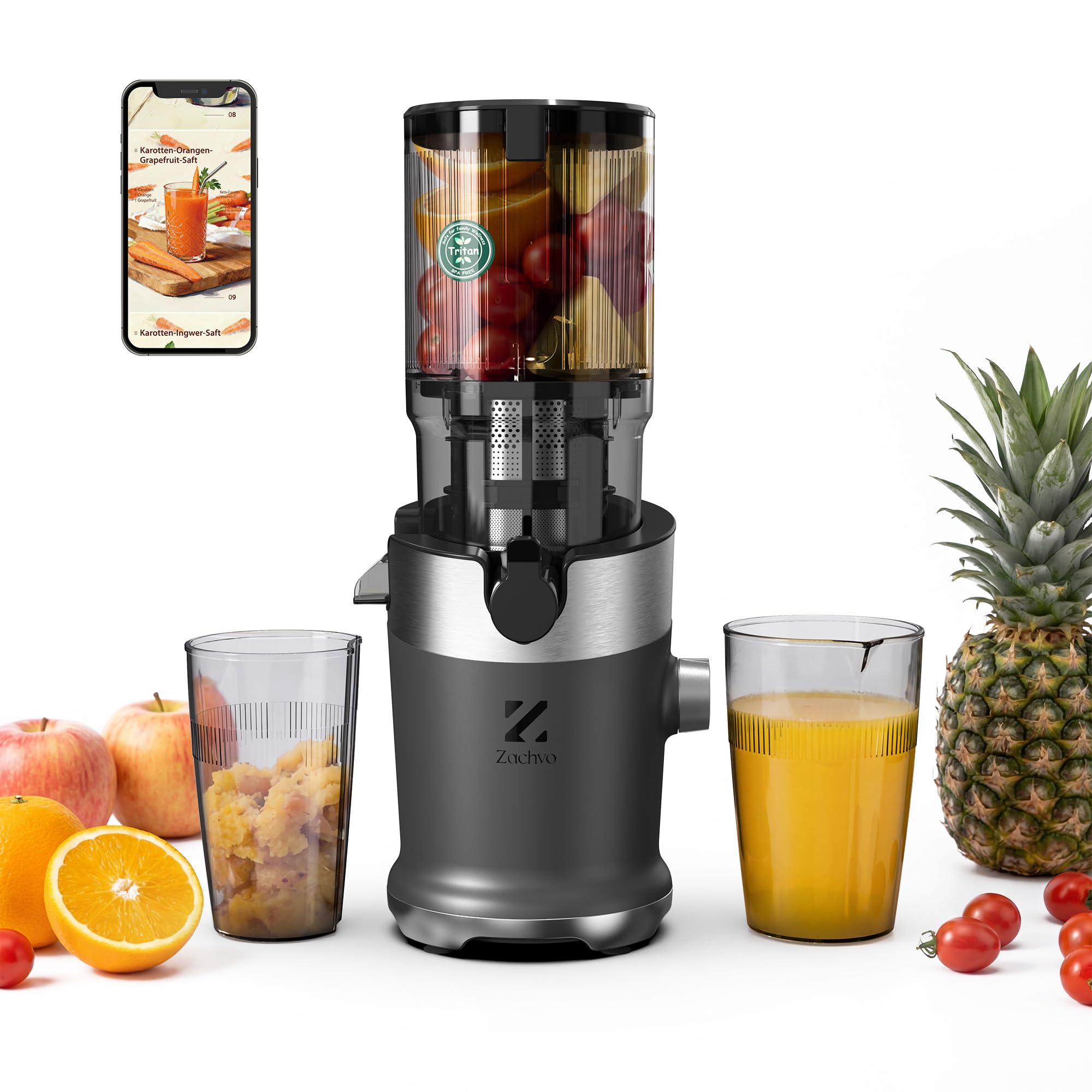 Estrattore di succo di frutta e verdura con doppio sistema da 220 W, Slow Juicer 130 mm, coltello pre-affettatore automatico, spremiagrumi a freddo, contenitore da 1,5 l, alta efficienza di