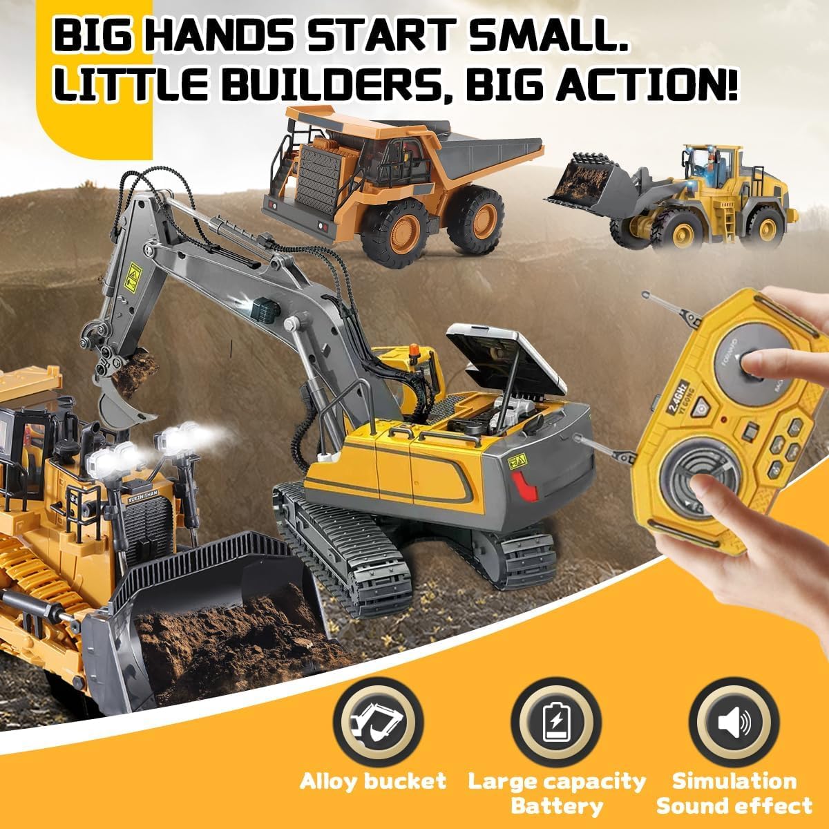 Mudsterz Excavator, Mudsterz Trucks with Cool Lights and Sounds, Complete Control Over The Construction Site, Alloy Material, 2.4ghz Remote, Little Builders, Boost Smotor Skills, Focus (#C)