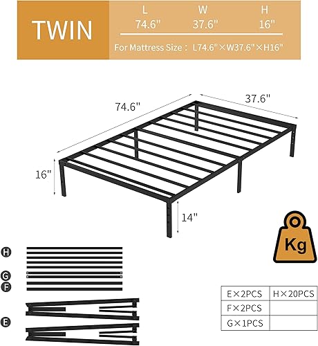 Miniatura 17 de Base de cama de metal, marco de cama de tamaño matrimonial con espacio de almacenamiento, base de colchón resistente y resistente, fácil montaje, no