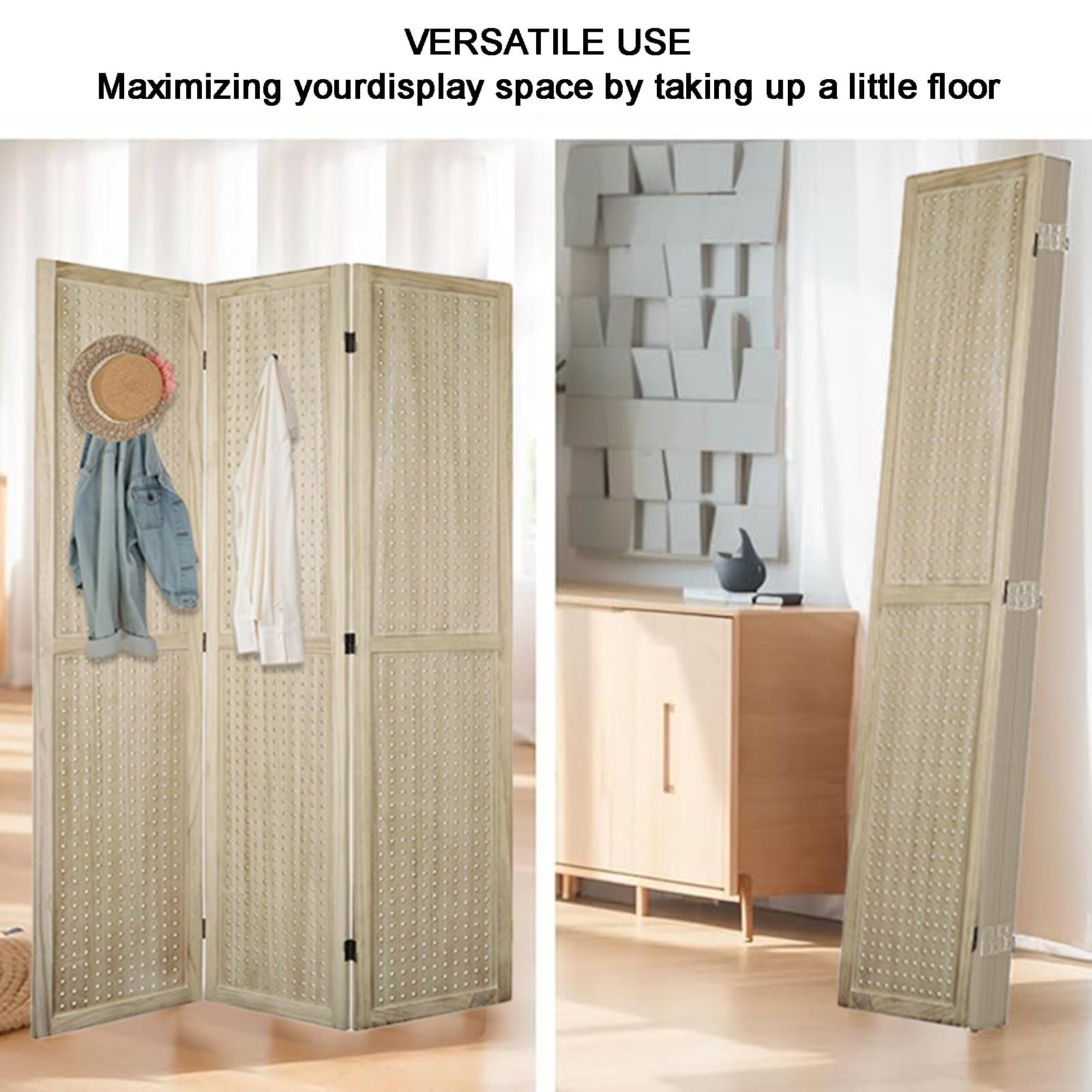 Pegboard-Raumteiler, 1–8-Panel-Pegboard-Display-Raumteiler, Sichtschutz, Pegboard-Displayständer für Juweliergeschäft, Basar, Schlafzimmer (Holzfarbe, 2 Panele)