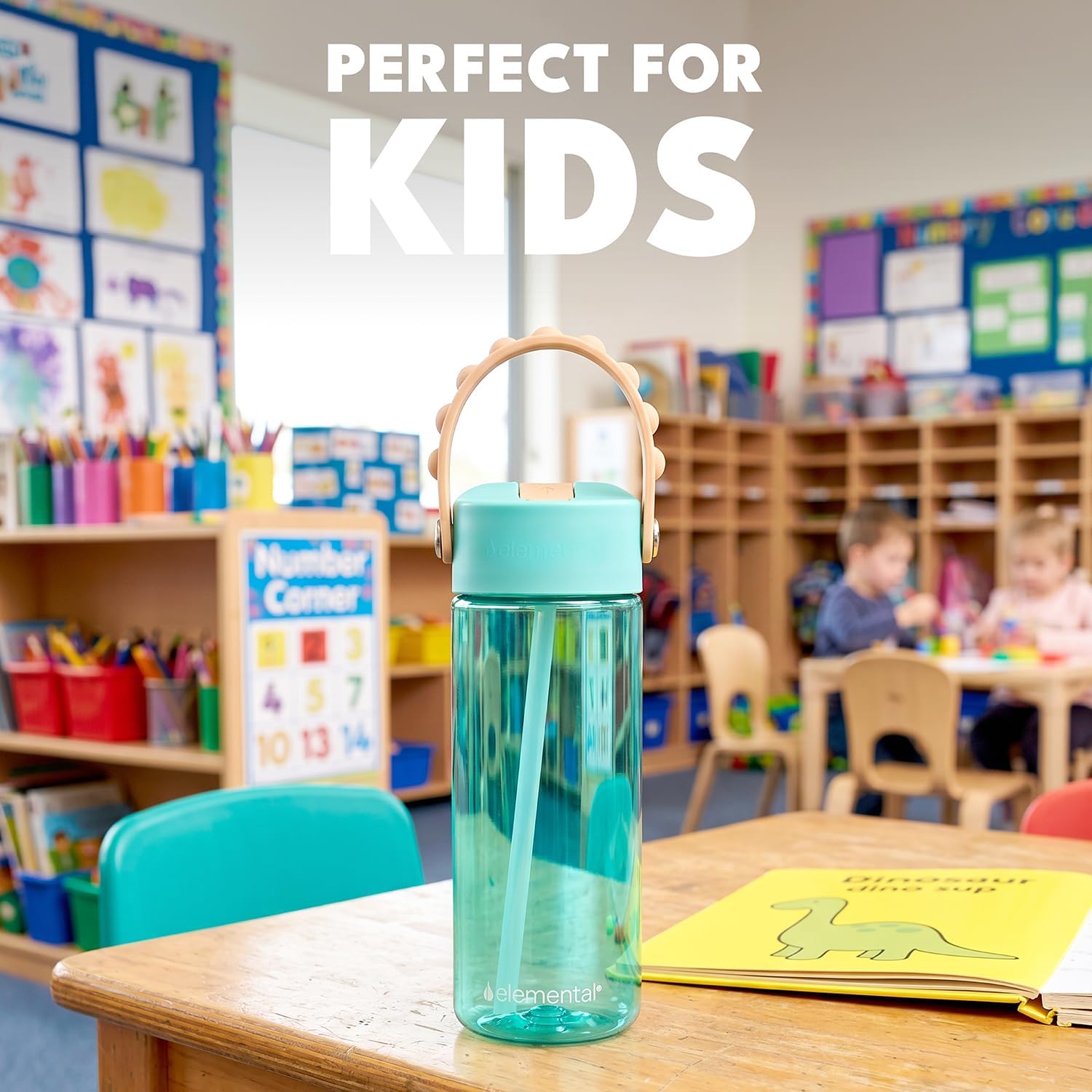Elemental Water Bottles for Kids - Splash Kids Water Bottle for School with Pop-it Handle - BPA Free Tritan Plastic Water Bottle with Straw Leak Proof when Spout is Closed - Lemon Sky - 18oz