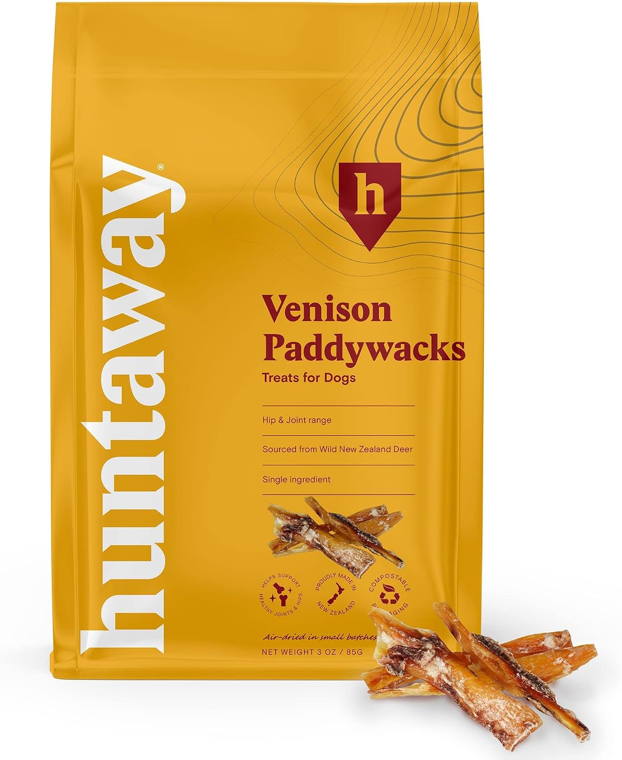 Huntaway Venison Paddywacks Treats for Dogs - 1 Pack of 3oz Single Ingredient Venison Paddywacks Dog Treats for Hip and Joint Support