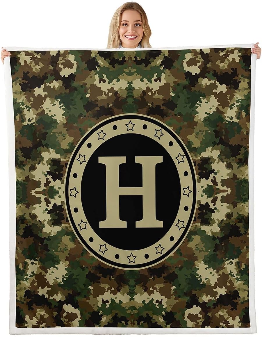 Feelyou Camo Fleece Throw Blanket Personalized Initial H Sherpa Blanket for Kids Women Men Plush Fuzzy Monogrammed Twin 60"x80" Camouflage for Bed Couch Chair Living Room Military Style Bedroom Decor