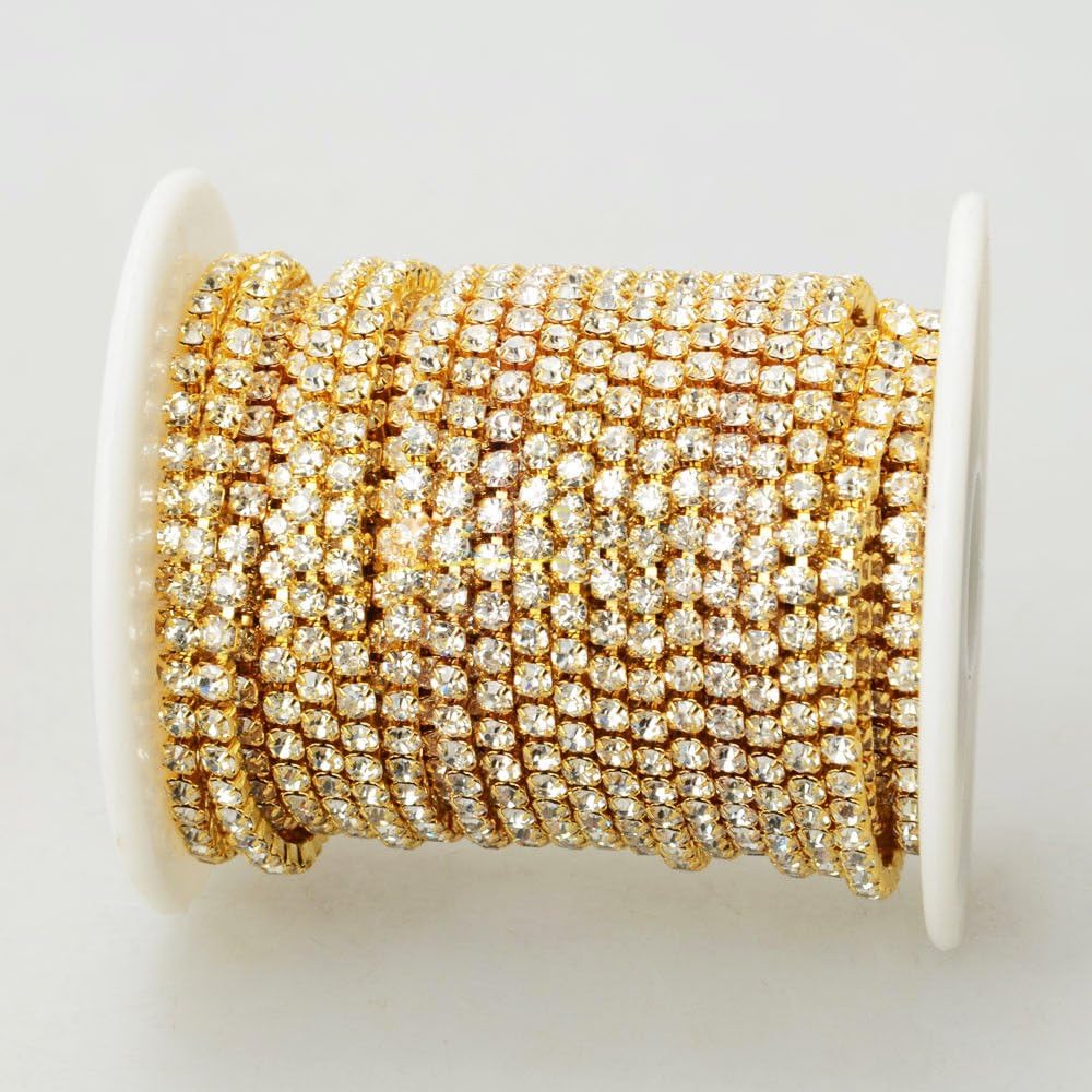10 Yards Crystal Rhinestone Close Chain Clear Trim SS 4.2 mm in Gold Good Crafted DIY Ideas