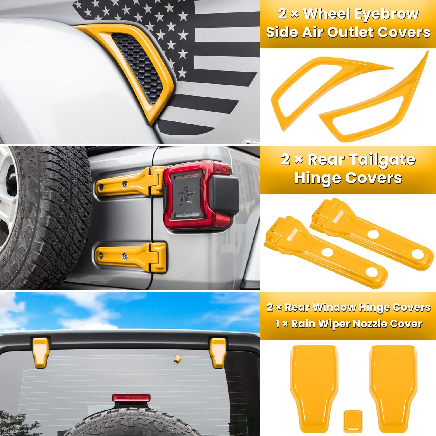 26PCS Full Set Exterior Decoration Trim Kit for Jeep Wrangler JL JLU 2018-2023 Door Hinge Handle Engine Hood Hinge Hood Latch Wheel Eyebrow Side Air Outlet Rear Tailgate Window Hinge Cover (Yellow) image 5