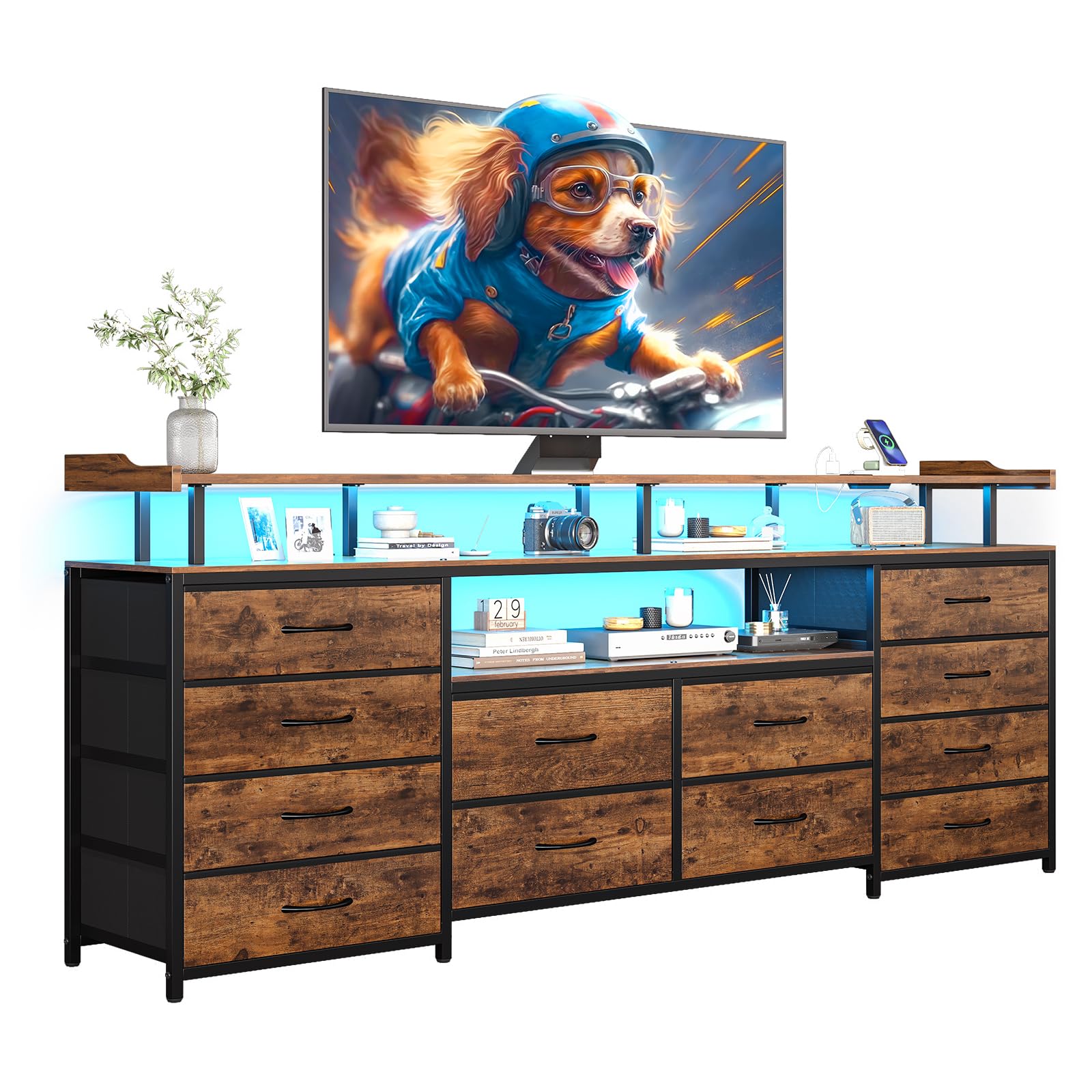 BTHFST 12 Drawers TV Stand Dresser for 65/70 inch TV, Entertainment Center with LED Lights & Power Outlets, 63" Large LED TV Stand, TV Console for