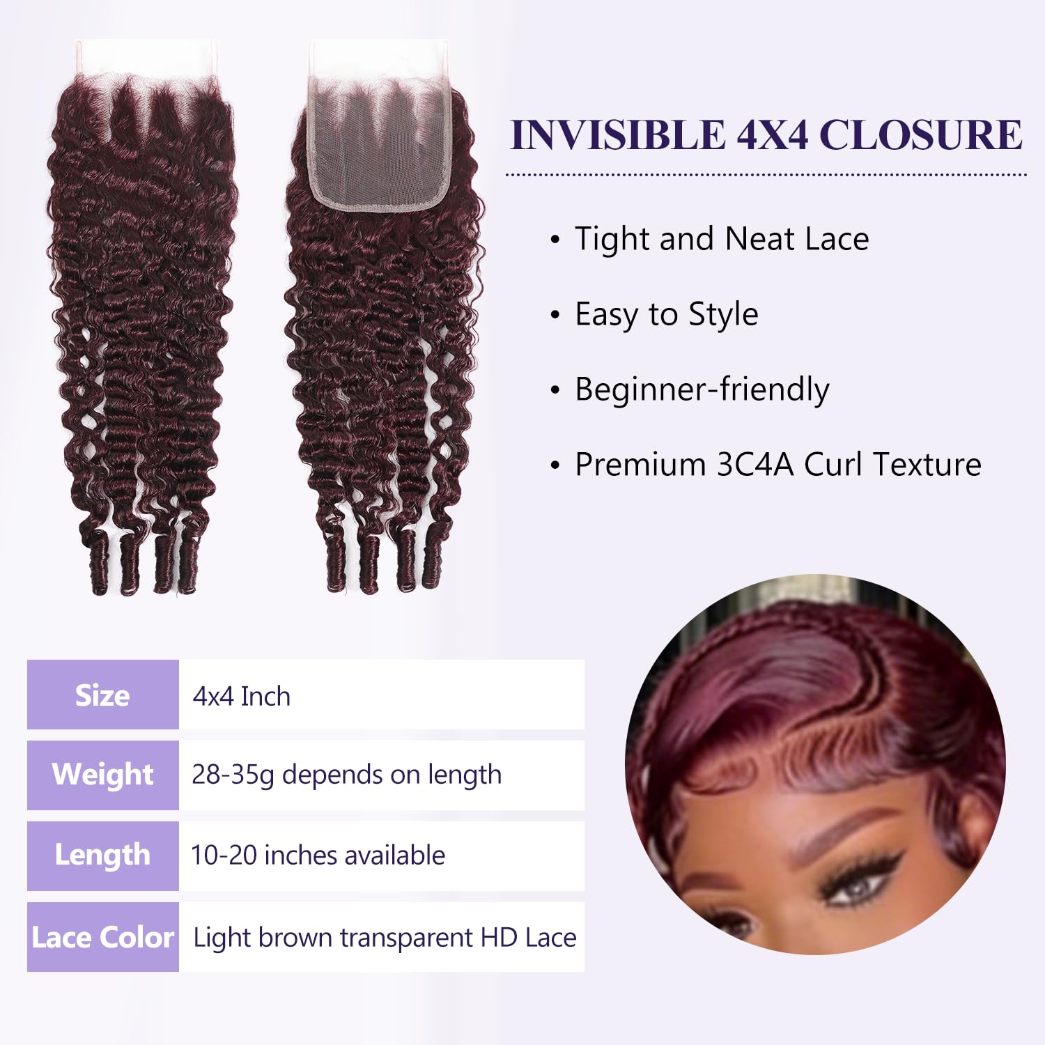 Dark Burgundy Burmese Curly 4x4 HD Lace Closure Human Hair 20 IN 99J Deep Wine Red Colored Water Wave 4x4 Transparent Lace Closure 3C4A Burmese Curly with Spiral End Pre Plucked With Baby Hair