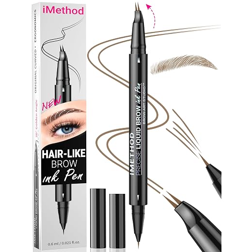 iMethod Caneta de sobrancelha curvada – lápis de sobrancelha, lápis de sobrancelha 2 em 1 com ponta de microblading de ponta dupla e ponta de pincel precisa cria sobrancelhas naturais semelhantes a