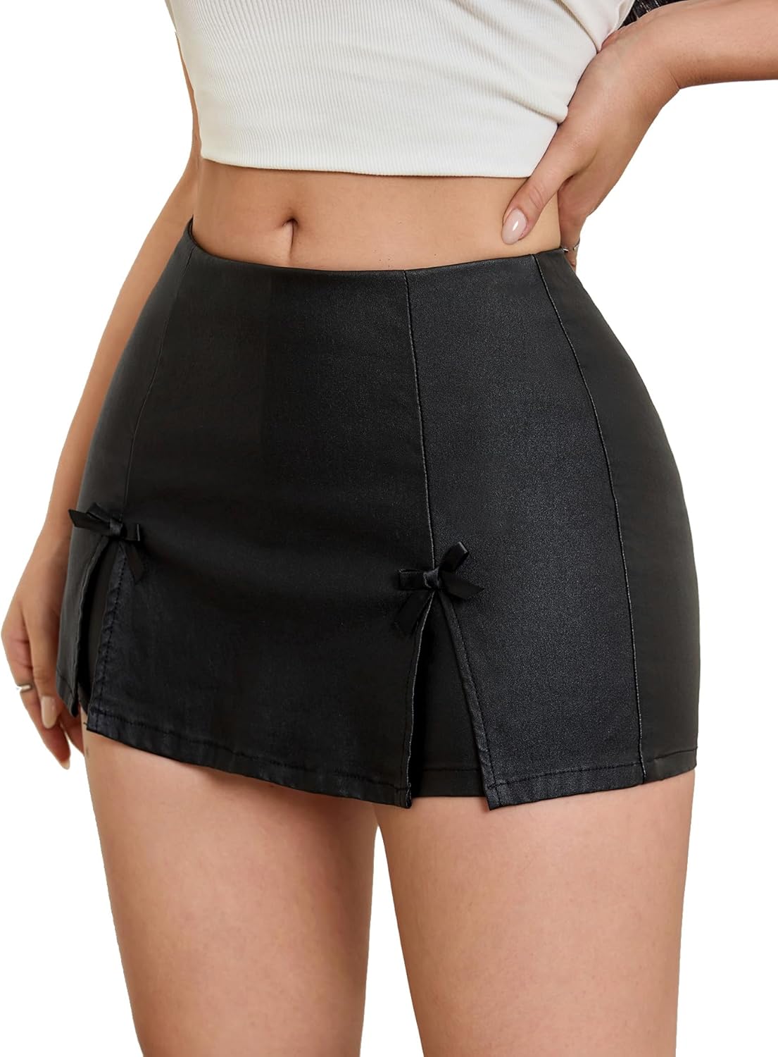 Faux Leather Skorts Stretchy Skinny Black Leather Shorts for Women - Image 3