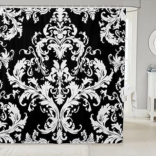 Feelyou Damask Pattern Shower Curtain Boho Baroque Style Bath Curtain for Bathroom Stalls Bathtubs Black White European Decor Kids Polyester Fabric Shower Curtain Set 72" Wx78 L Water Repellent