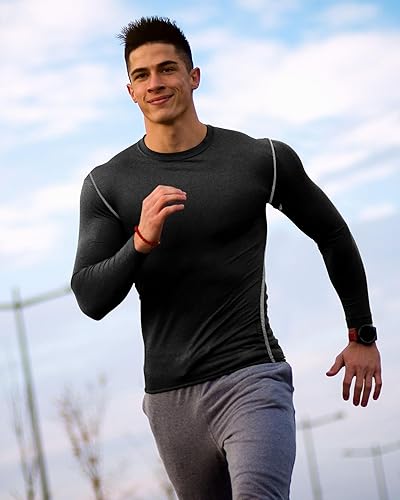 Miniatura 4 de Hicarer Paquete de 6 camisas de compresión atlética para hombre camisetas de manga larga para entrenamiento correr camisetas deportivas