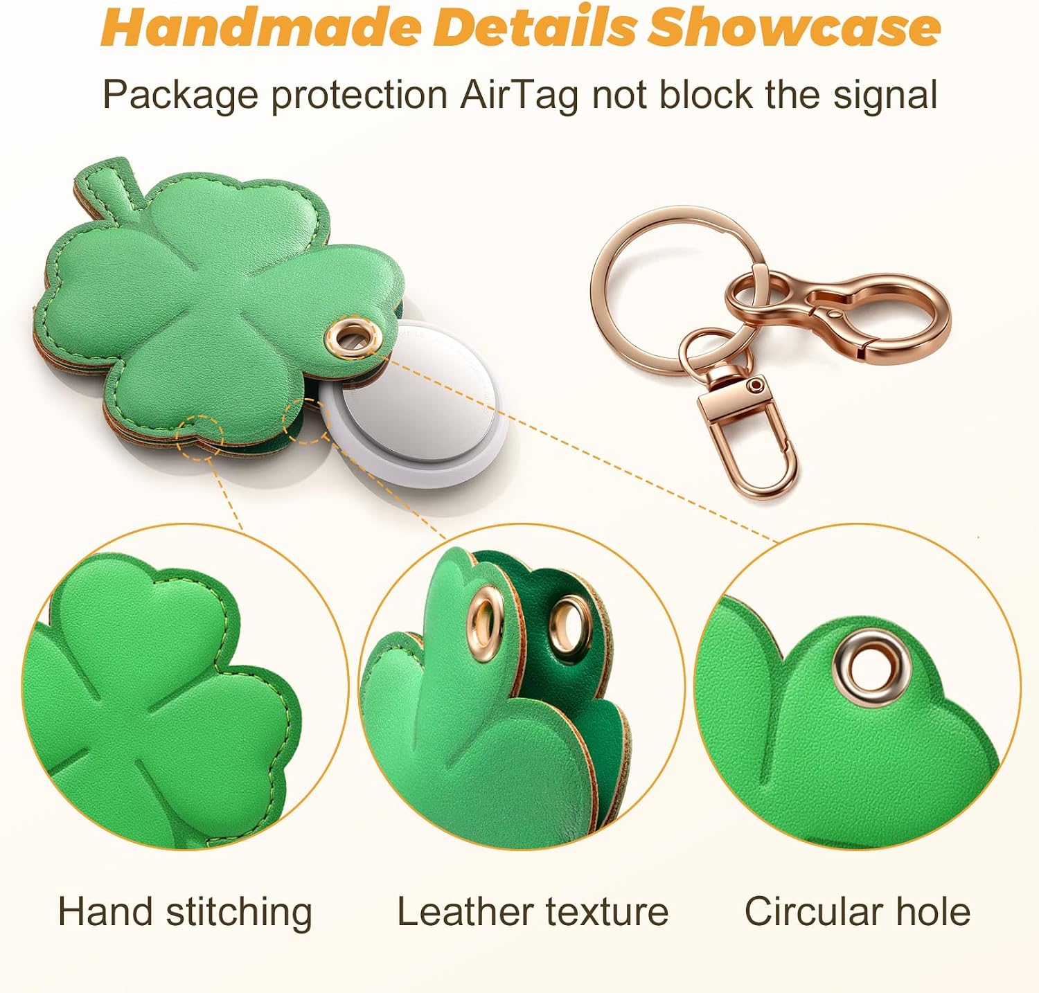 Leather Keychain Holder Compatible with AirTag,Cute Protective Case Air tag Holder Cover Accessories with Key Backpack，Keychain Ring,Handbag,GPS Tracker Case(Clover)