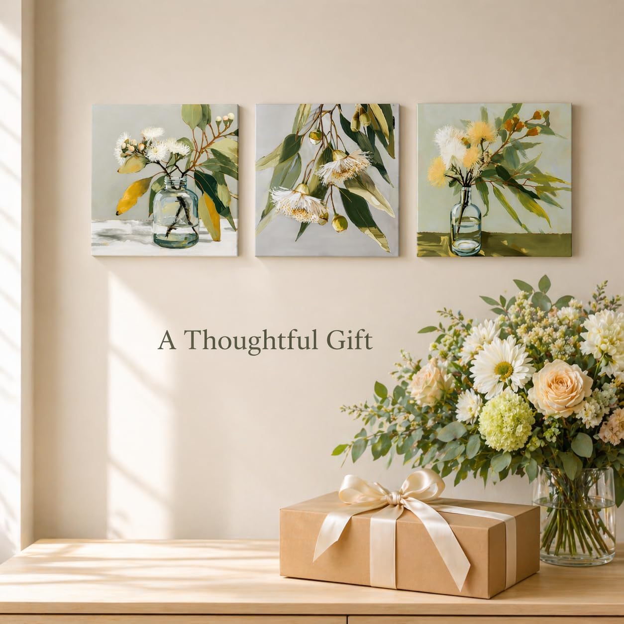 Eucalyptus Botanical Wall Art Set of 3, 12x12 Inch Canvas Prints, Minimalist Green Floral Artwork, Modern Farmhouse Bathroom Bedroom Living Room Decor, Framed Ready to Hang (Eucalyptus Green )