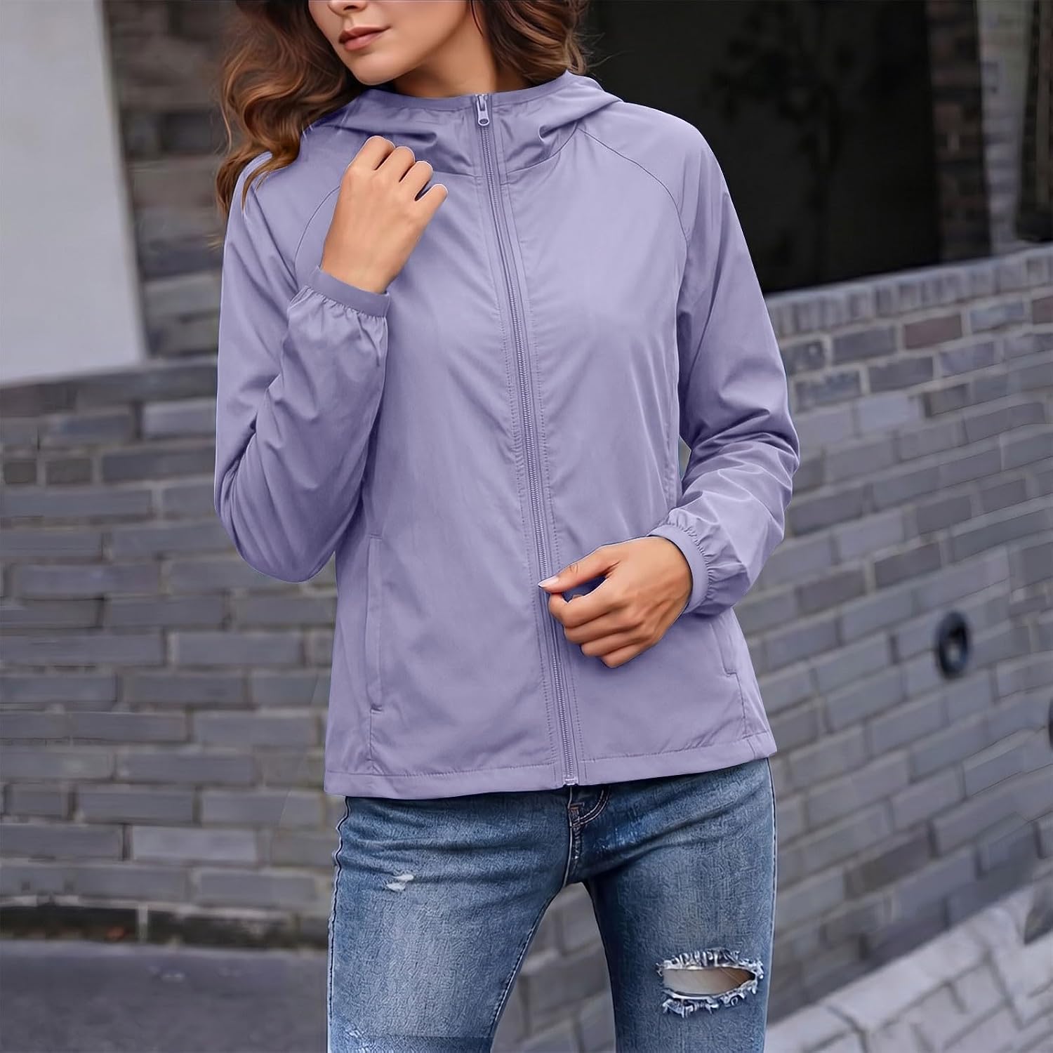 Windbreaker for Women Lightweight Hooded Full Zip Rain Jacket Coat | Women's Casual Zip Up Waterproof Jacket with Raglan Sleeve, Elastic Cuffs, Zip Pockets for Spring Fall Travel Outdoor
