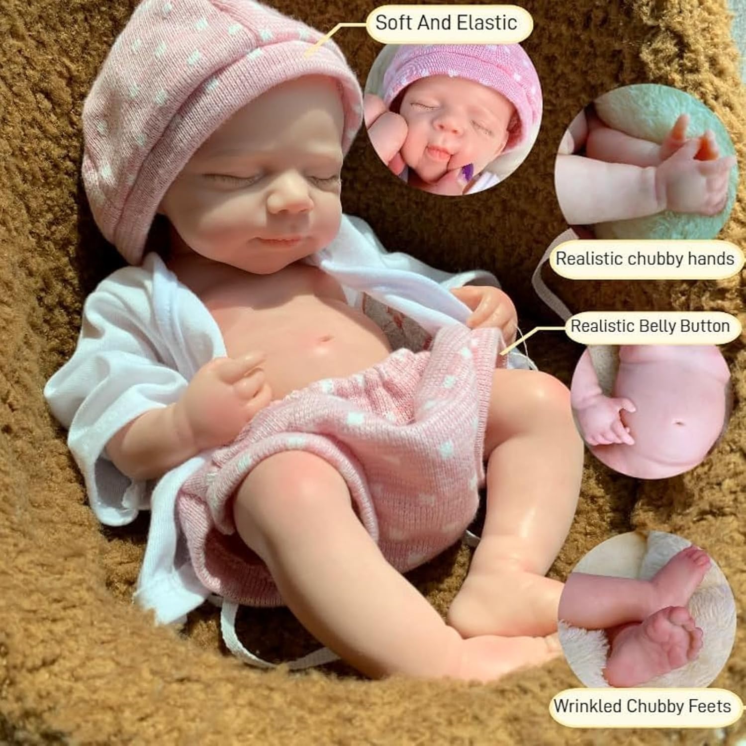Full Silicone Baby Doll,13 Inch Lifelike Reborn Baby Silicone Full Body Dolls Sleeping Girl Pink Dress