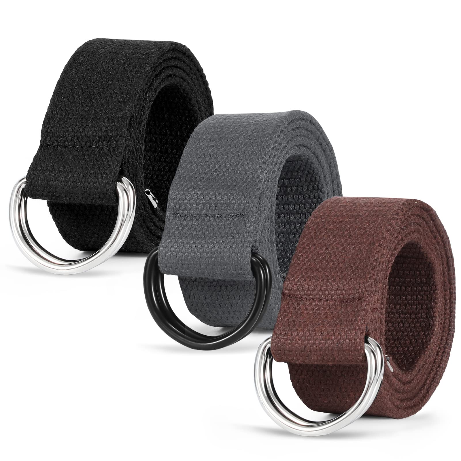 LEACOOLKEY Men Women Double D Ring Canvas Belt with Sliver Buckle Casual Web Fabric Belts Military Belt for Men