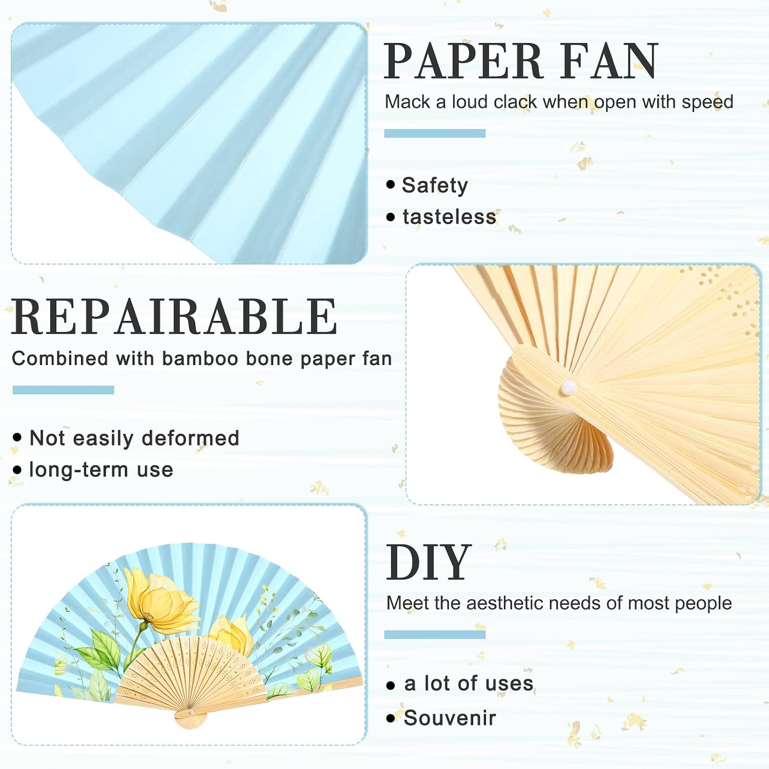 Roowest 50 Pack Paper Folding Fans Bamboo Wedding Favors, Blue image 3