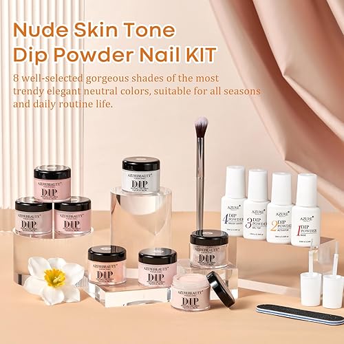Miniatura 5 de AZUREBEAUTY Kit de iniciación de 18 piezas de polvo de inmersión para uñas, 8 tonos de piel nude, champán, brillantina, rosa neutro, con polvo de